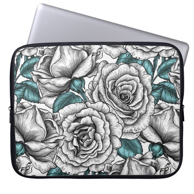 White roses with blue leaves laptop sleeve (Front)