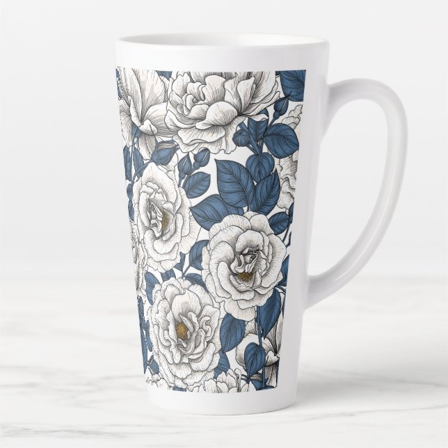 White roses with blue leaves  latte mug (Right)
