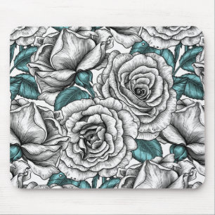 White roses with blue leaves mouse mat