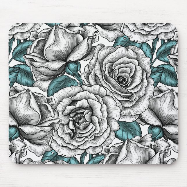 White roses with blue leaves mouse mat (Front)