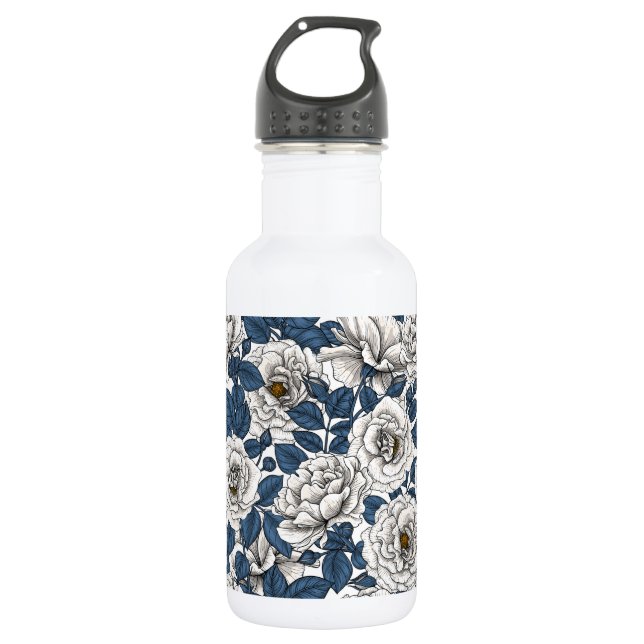 White roses with blue leaves on white 532 ml water bottle (Front)