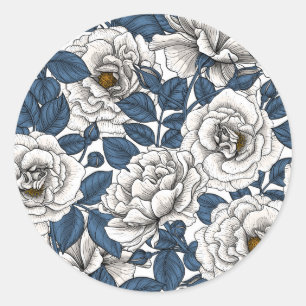 White roses with blue leaves on white classic round sticker