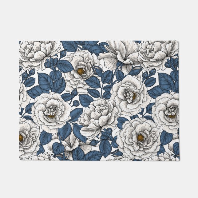 White roses with blue leaves on white doormat (Front)