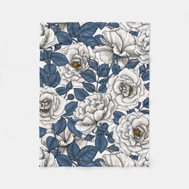 White roses with blue leaves on white fleece blanket (Front)