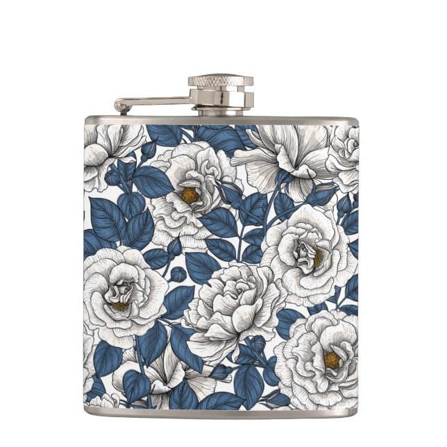 White roses with blue leaves on white hip flask (Front)