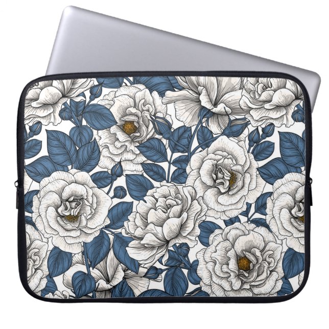 White roses with blue leaves on white laptop sleeve (Front)