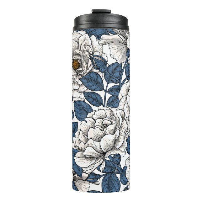 White roses with blue leaves on white thermal tumbler (Front)