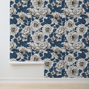 White roses with blue leaves on white wallpaper