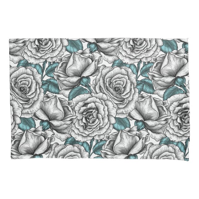 White roses with blue leaves pillowcase (Front)