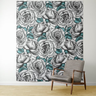White roses with blue leaves tapestry