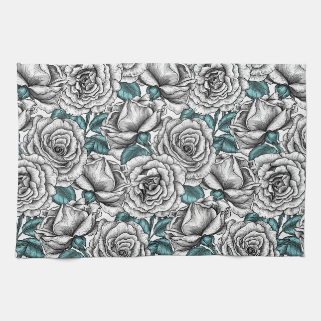 White roses with blue leaves tea towel (Horizontal)