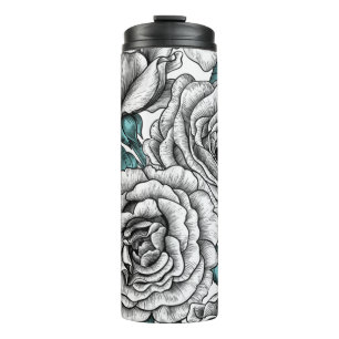White roses with blue leaves thermal tumbler