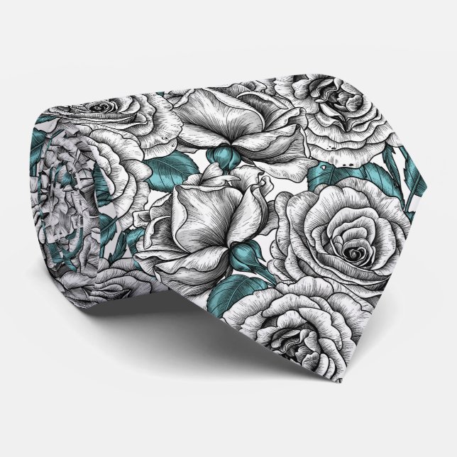 White roses with blue leaves tie (Rolled)