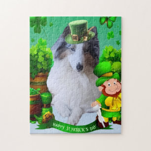 White Rough Collie celebrating St. Patrick's Day Jigsaw Puzzle