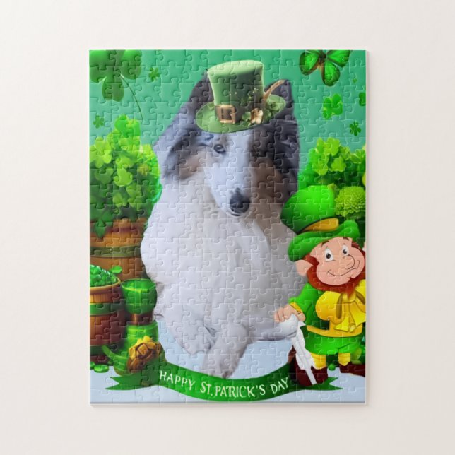 White Rough Collie celebrating St. Patrick's Day Jigsaw Puzzle (Vertical)