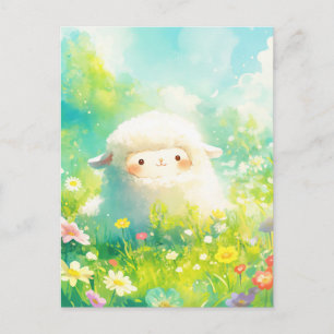 White Round Alpaca in Spring Wildflower Meadow Postcard