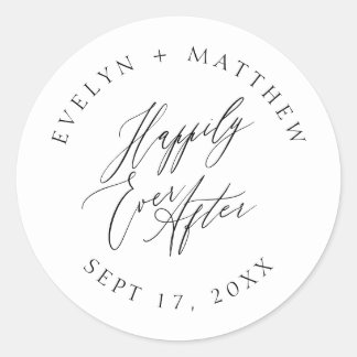 White Round Happily Ever After Calligraphy Wedding Classic Round Sticker