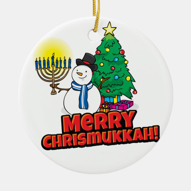 White Round Merry Chrismukkah with Snowman Ceramic Tree Decoration (Front)