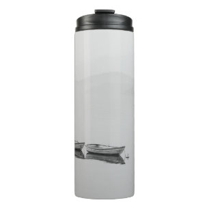 WHITE ROW BOATS INLINE ON BODY OF WATER DURING FOG THERMAL TUMBLER
