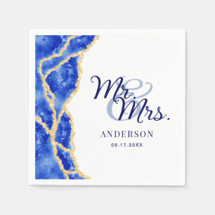 White Royal Blue and Gold Agate Elegant Wedding Napkin