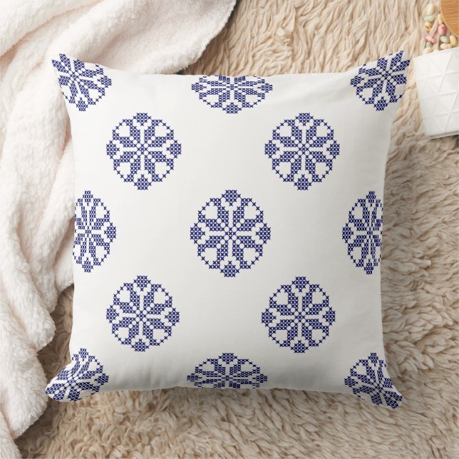 White & Royal Blue Modern Cross Stitch Lace Cushion (Blanket)