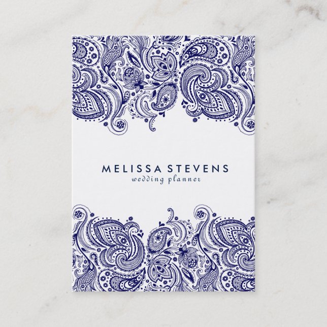 White & Royal Blue Paisley Lace Wedding Planner Business Card (Front)