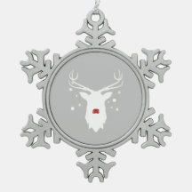 White Rudolph with Ornaments on Pewter Snowflake