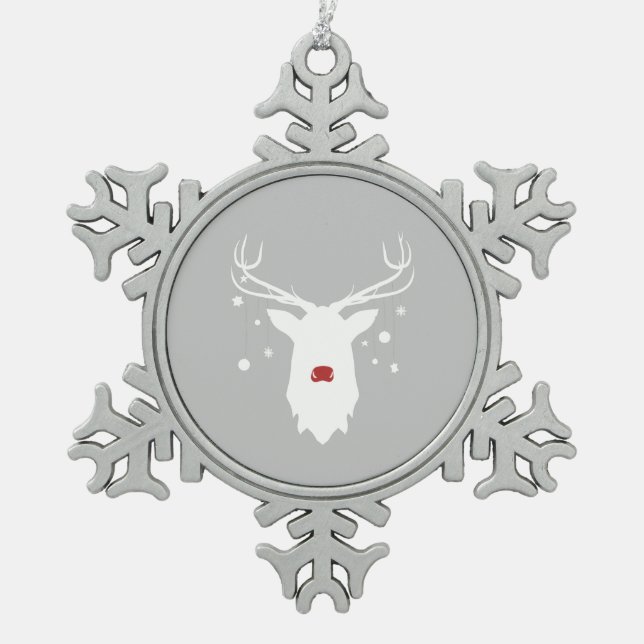 White Rudolph with Ornaments on Pewter Snowflake (Front)