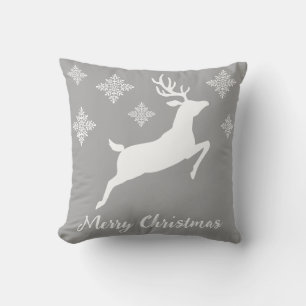 White Running Reindeer On Grey With Snowflakes Cushion