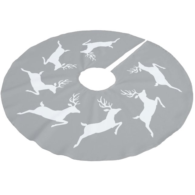 White Running Reindeer Silhouettes On Grey Brushed Polyester Tree Skirt (Angled)