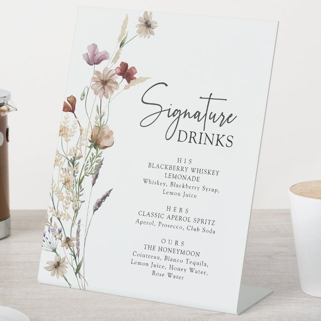 White Rustic Boho Signature Drinks Pedestal Sign (White Rustic Boho Floral Signature Drinks Pedestal Sign by Painted Paperie
)