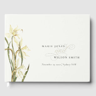 White Rustic Daffodil Floral Watercolor Wedding Guest Book
