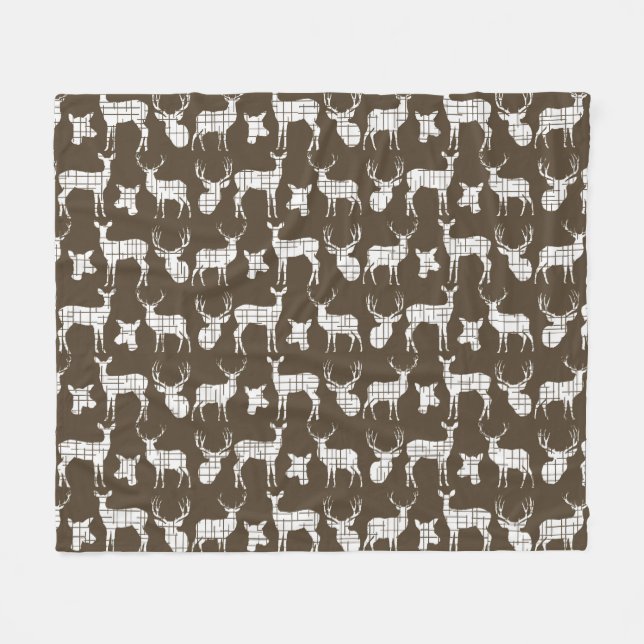 White Rustic Deer on Brown Fleece Blanket (Front (Horizontal))