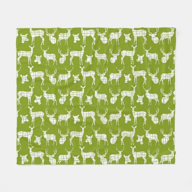 White Rustic Deer on Green Fleece Blanket (Front (Horizontal))