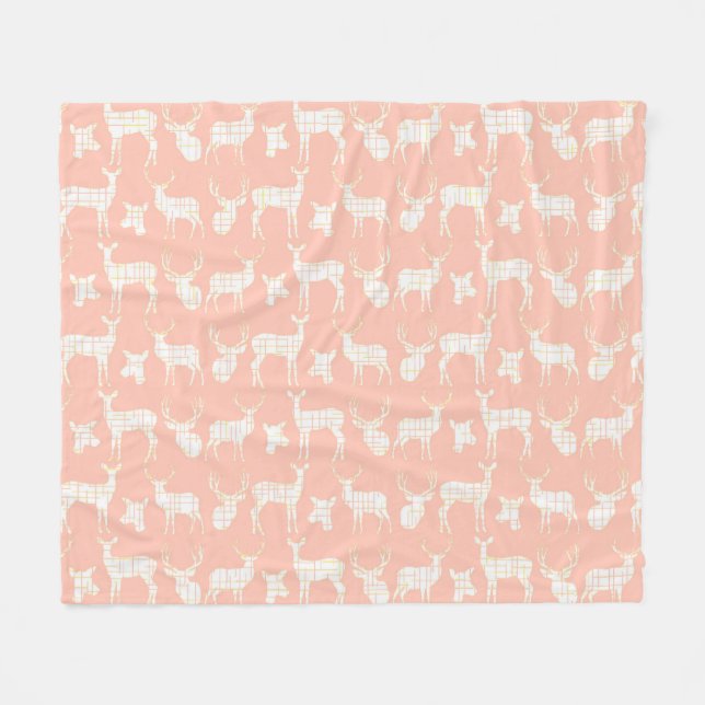 White Rustic Deer on Pink Fleece Blanket (Front (Horizontal))
