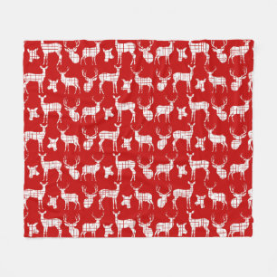White Rustic Deer on Red Fleece Blanket