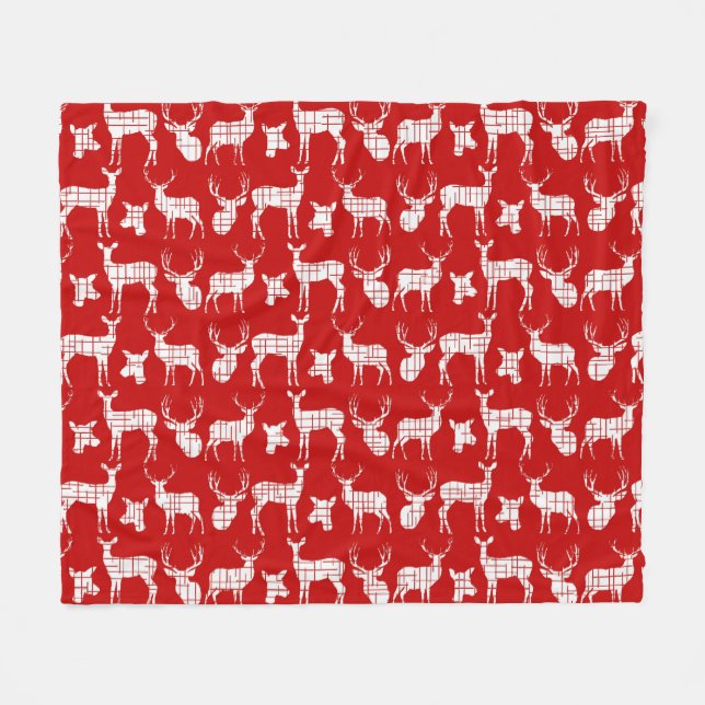 White Rustic Deer on Red Fleece Blanket (Front (Horizontal))