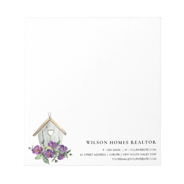 WHITE RUSTIC FLORAL BIRDHOUSE REAL ESTATE REALTOR NOTEPAD (Front)