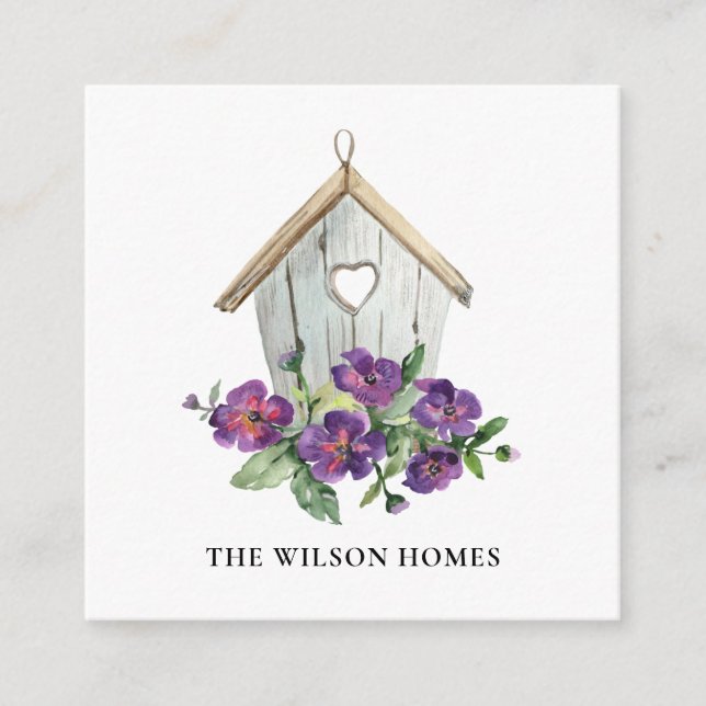 WHITE RUSTIC FLORAL BIRDHOUSE REAL ESTATE REALTOR SQUARE BUSINESS CARD (Front)