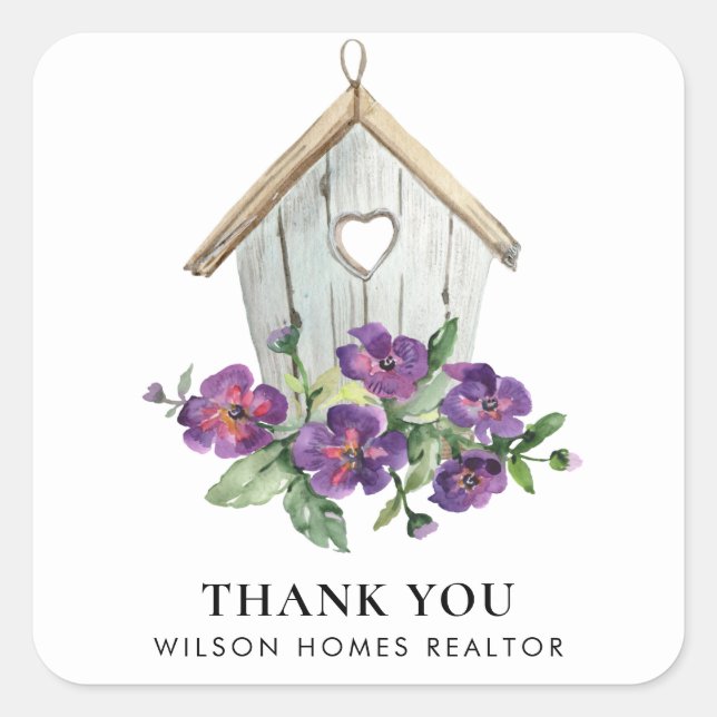 WHITE RUSTIC FLORAL BIRDHOUSE THANK YOU REALTOR SQUARE STICKER (Front)
