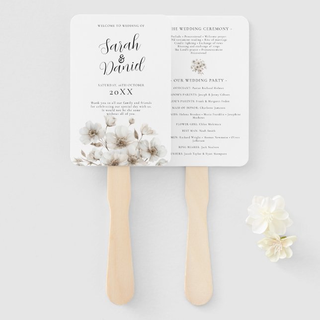 White Rustic Flower Elegant Wedding Hand Fan (Front and Back)