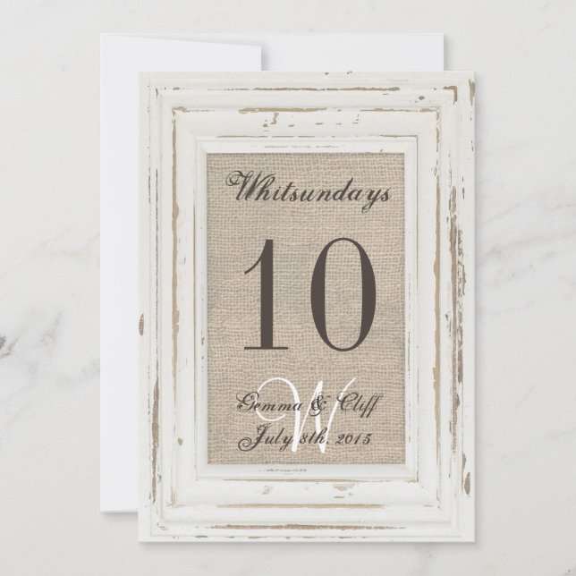 White Rustic Frame & Burlap Print Table Number For (Front)