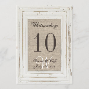 White Rustic Frame & Burlap Print Table Number For