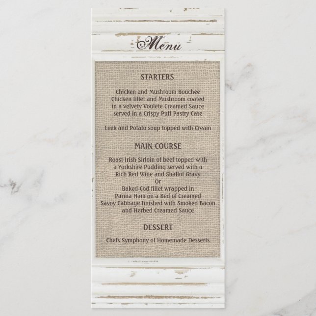 White Rustic Frame Burlap Wedding Menu (Front)