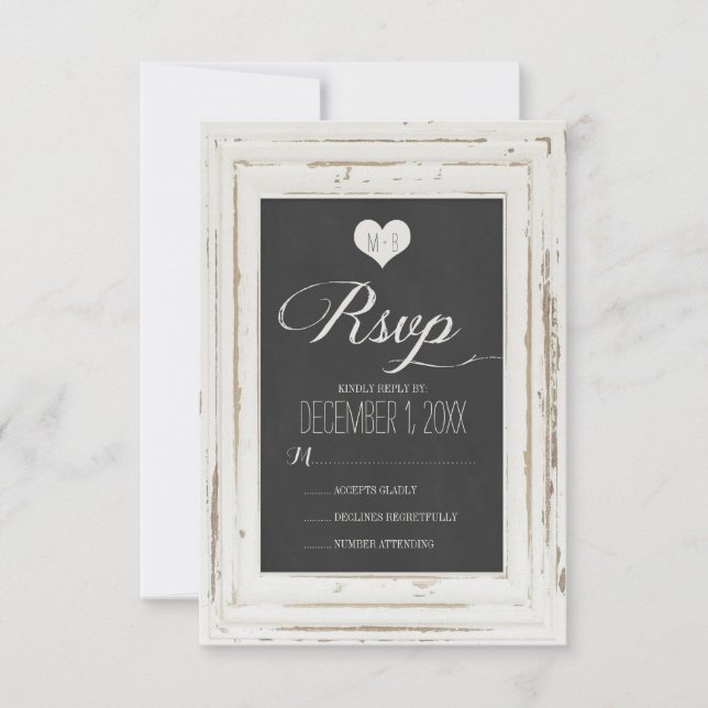White Rustic Frame Chalk Wedding RSVP Card (Front)