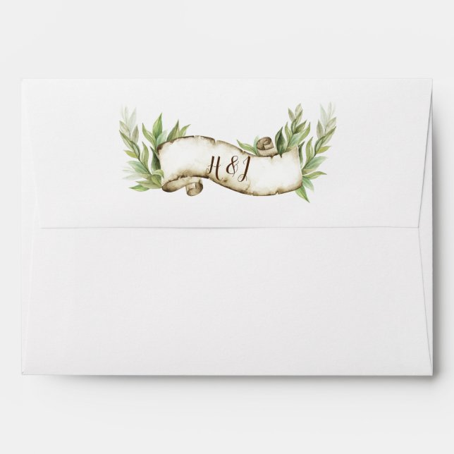 White Rustic Laurel Leaves Scroll Banner Wedding Envelope (Back (Top Flap))