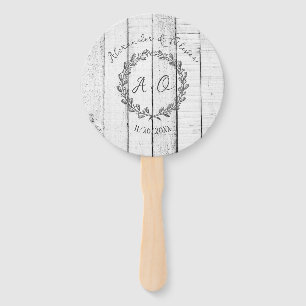 White Rustic Monogram Wedding Favour Hand Fan