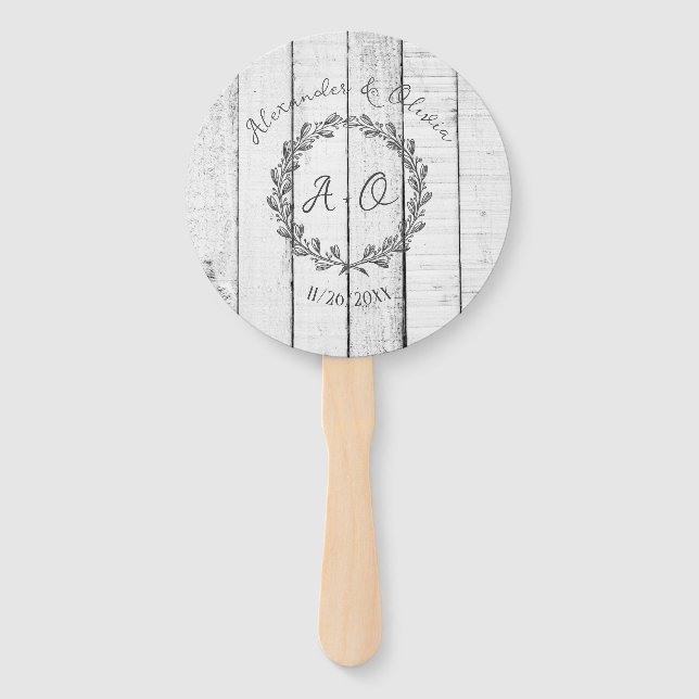White Rustic Monogram Wedding Favour Hand Fan (Front)