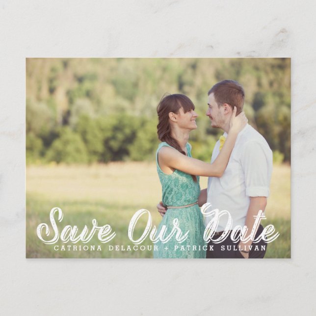 White Rustic Script Photo Save Our Date Postcard (Front)