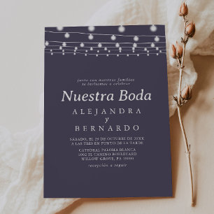 White Rustic String Lights Nuestra Boda Wedding Invitation